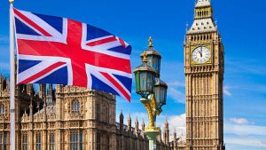 British flag, Big Ben, Houses of Parliament and British flag composition